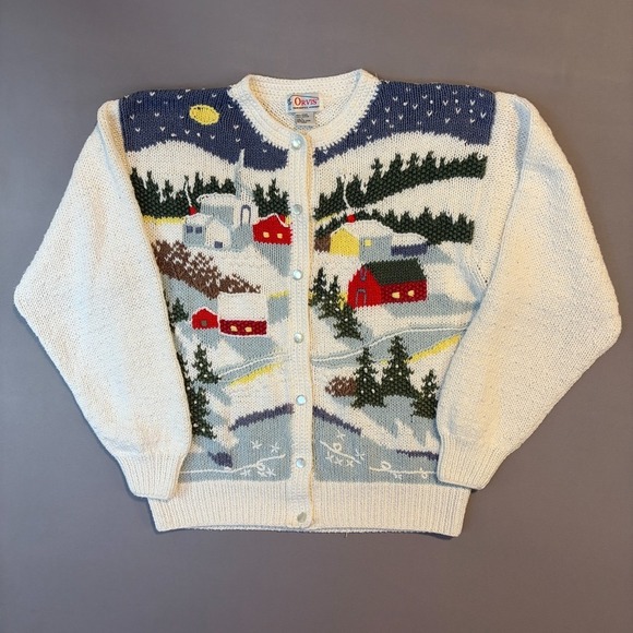 Orvis Sweaters - Vintage Winter Town Orvis 3D Cardigan 90s Embroidered Snow Ski Village Sweater L